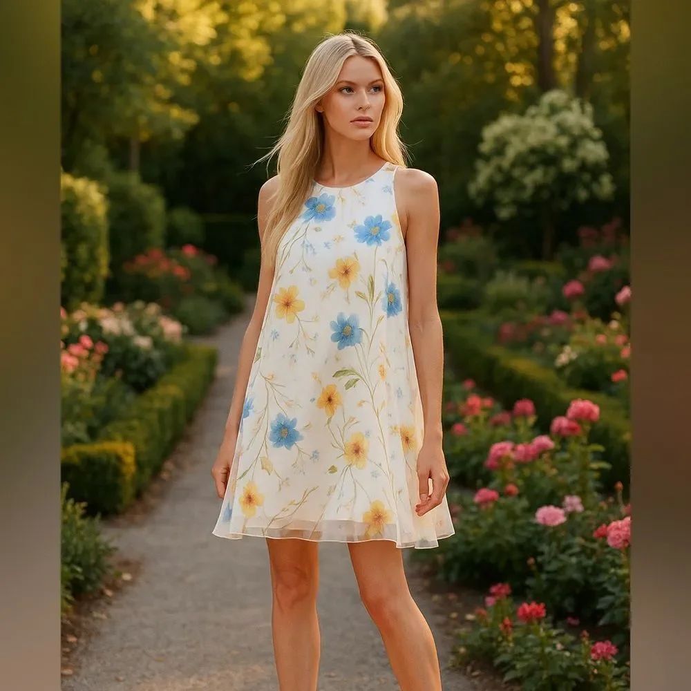 🌸 Calvin Klein Chiffon Trapeze Dress – Floral, Size 8 – NWT
